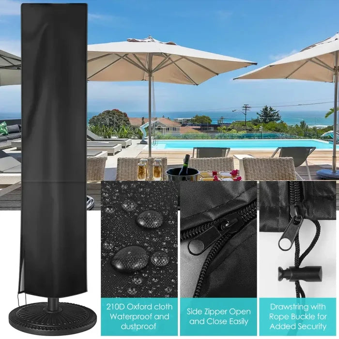 Habicare SS outdoor umbrella cover protecting a large patio umbrella from weather and dust.