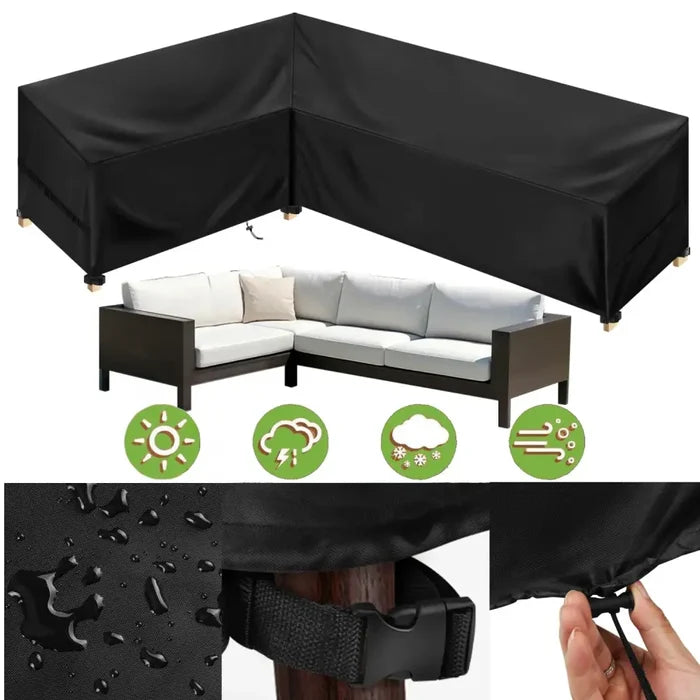 Habicare outdoor waterproof L-shape sofa cover offering heavy-duty weather protection for outdoor furniture in various sizes.