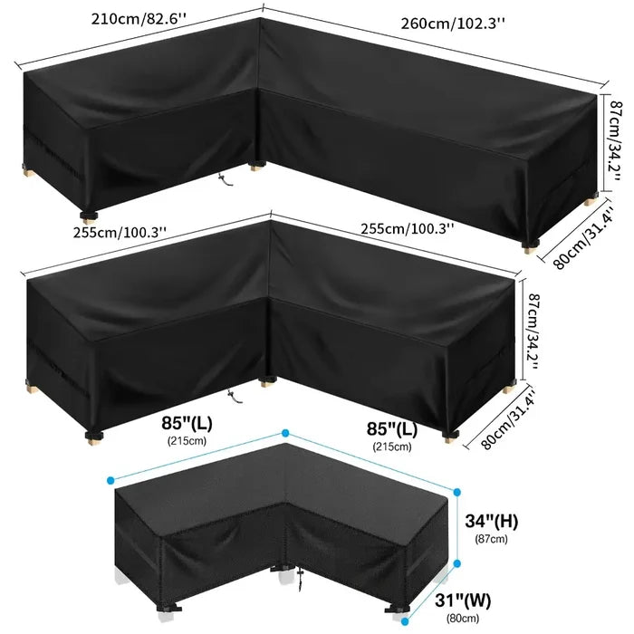 Heavy-duty waterproof L-shape sofa cover by Habicare, designed for outdoor protection of outdoor L-shaped sofas.