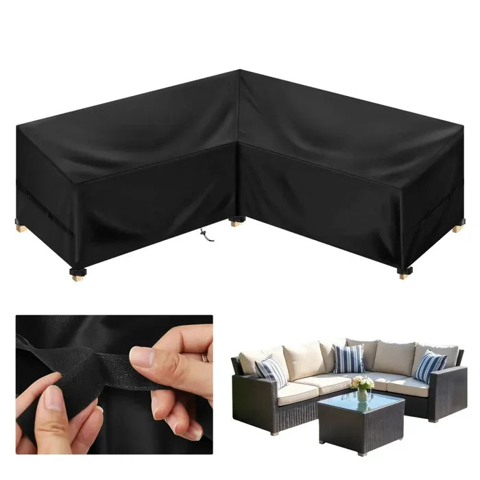 Habicare outdoor waterproof L-shape sofa cover providing heavy-duty weather protection for outdoor furniture, available in multiple sizes.
