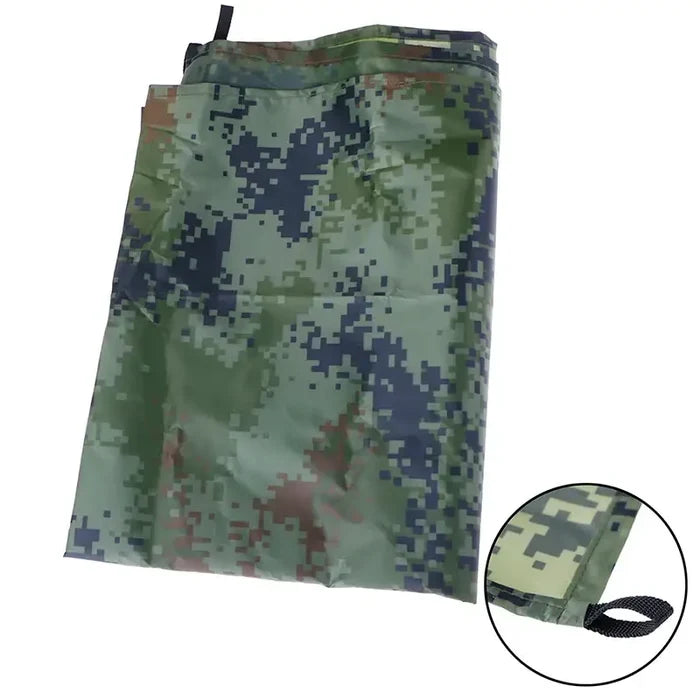 Habicare outdoor waterproof rain shelter tarp set up as a camping sun and rain awning for beach or outdoor use
