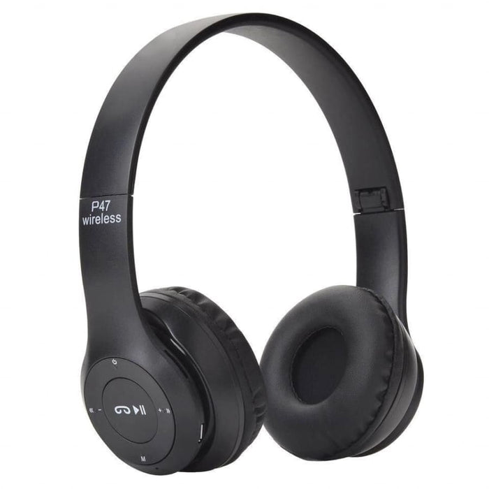 9eight5 P47 wireless headphones with mic for phone and tablet, black over-ear design with control buttons visible.