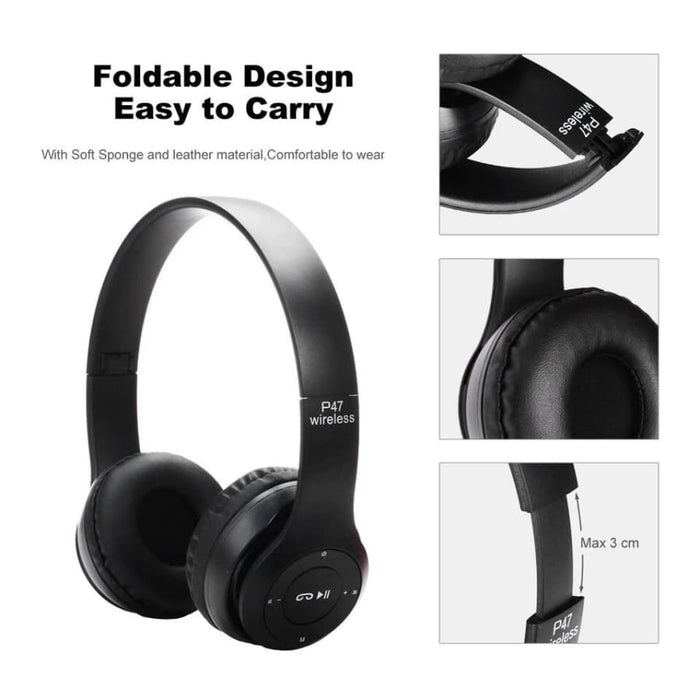 9eight5 P47 wireless headphones with mic, black over-ear design, suitable for phones and tablets, featuring audio controls.