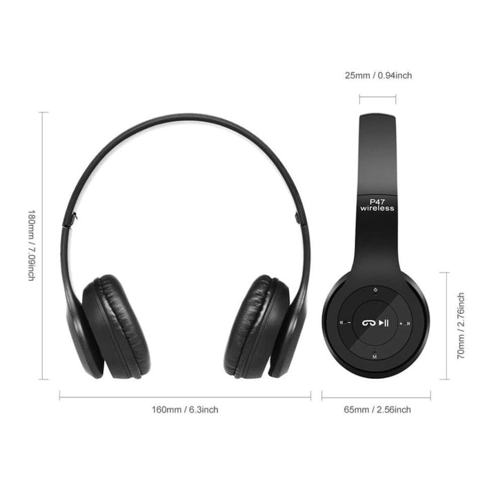 9eight5 P47 wireless headphones with built-in mic, designed for phones and tablets, featuring sleek ergonomic ear cups.