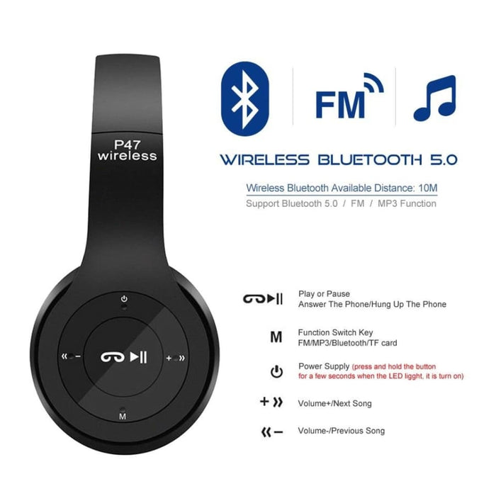 9eight5 P47 wireless headphones with microphone, over-ear design for phone and tablet audio, black color, sleek and comfortable.