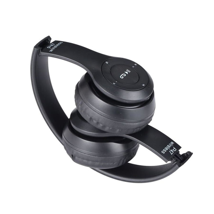 Wireless P47 headphones with built-in mic from 9eight5, designed for phones and tablets, featuring over-ear design and sleek black finish.