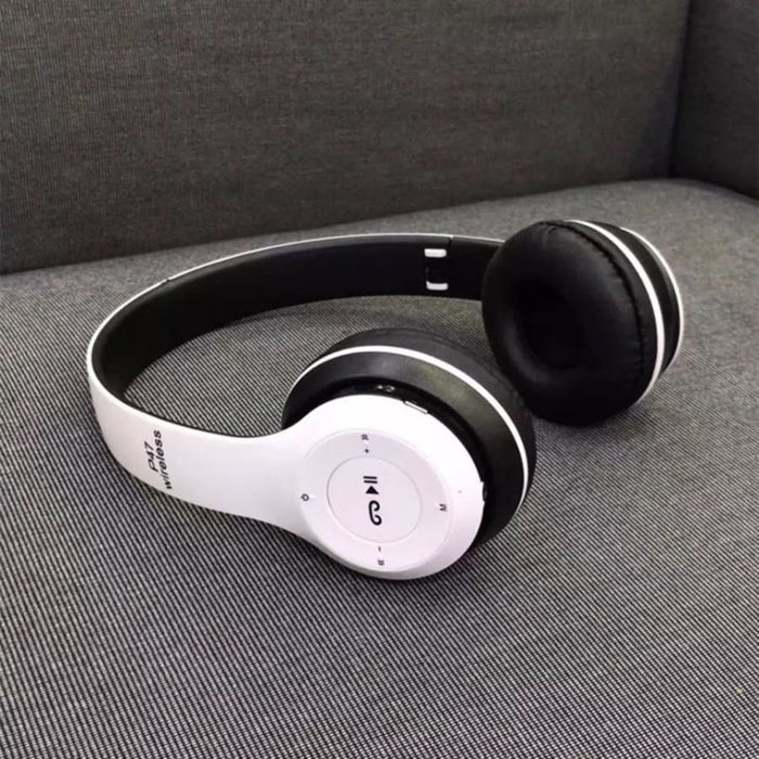 9eight5 P47 wireless headphones showing over-ear design with black padding and sleek electronic accessories appearance.