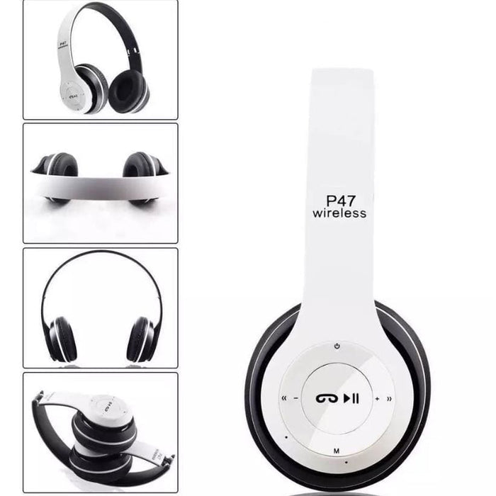 9eight5 P47 wireless headphones with over-ear design, black color, and built-in microphone for hands-free calls.