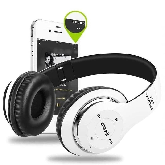 9eight5 P47 wireless headphones, black over-ear electronics accessory with cushioned ear cups and adjustable headband.