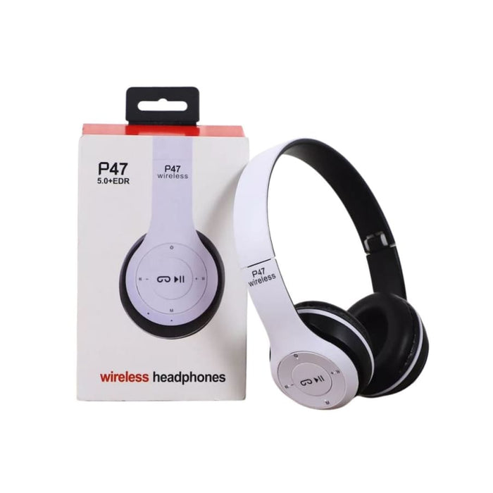 Black P47 wireless headphones by 9eight5 with cushioned ear cups and adjustable headband, designed for comfortable listening.