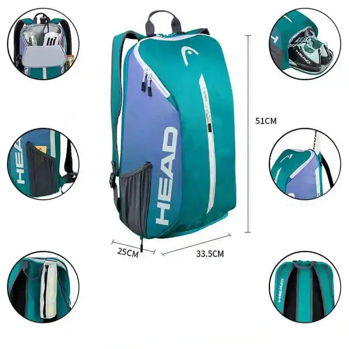 Habicare 9eight5 padel and tennis racket backpack in five colors, with multiple compartments and adjustable straps for sports gear.