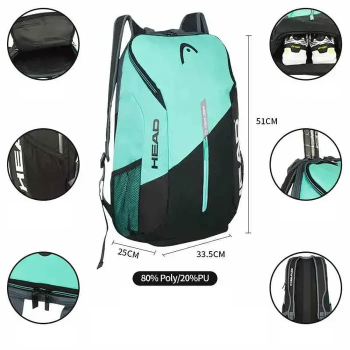 Habicare 9eight5 padel and tennis racket backpack available in five colors, featuring multiple compartments and adjustable straps.