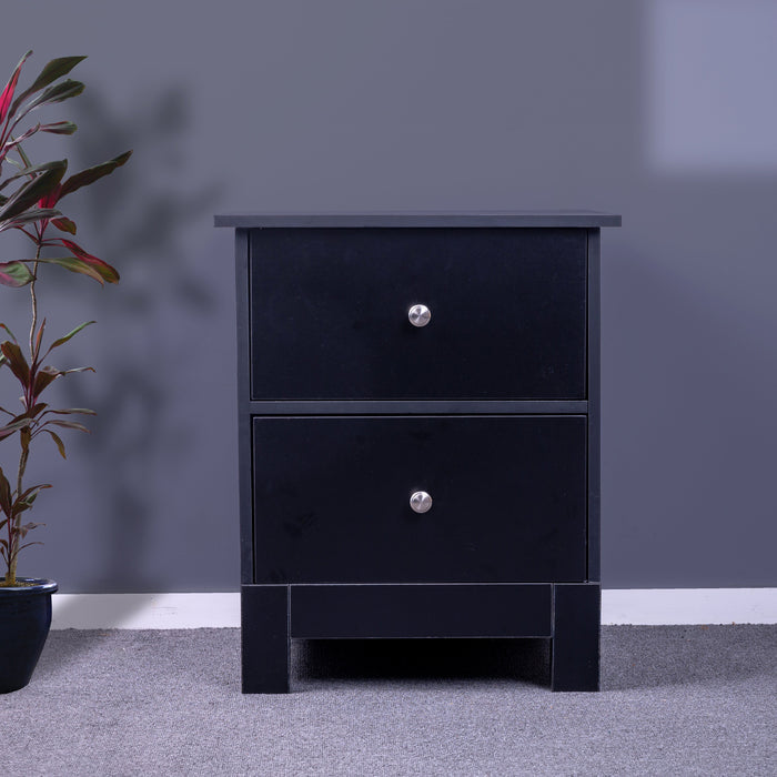 Black 'Pamela' bedside table by sue-e furniture with a sleek modern design and a single drawer for bedroom storage.