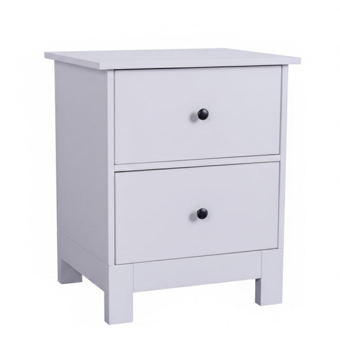 White Pamela bedside table by sue-e furniture with a sleek modern design and a single drawer.