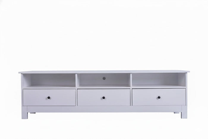 Sue-e Furniture Pamela entertainment unit with sleek wood finish, featuring open shelves and storage compartments for modern living rooms.