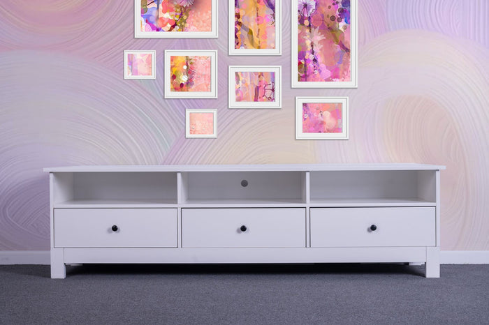 Contemporary Sue-E Furniture Pamela entertainment unit with open shelves and storage drawers in a modern living room setting.