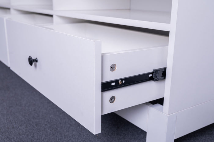 Sue-e Furniture Pamela entertainment unit with open shelves and closed cabinets in a modern wood finish.