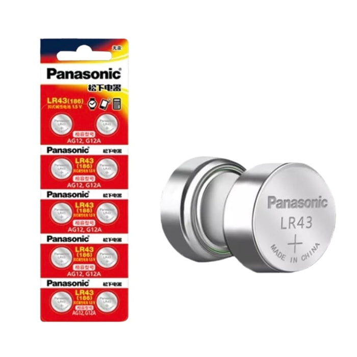 Panasonic LR43/186 watch batteries 10-pack, small button cell batteries for watches and electronic devices.
