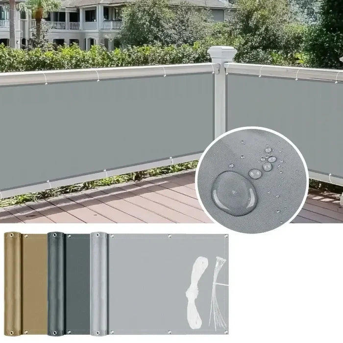 Habicare SS patio privacy screen in three colors, showing outdoor fencing with fabric panels for privacy and style.