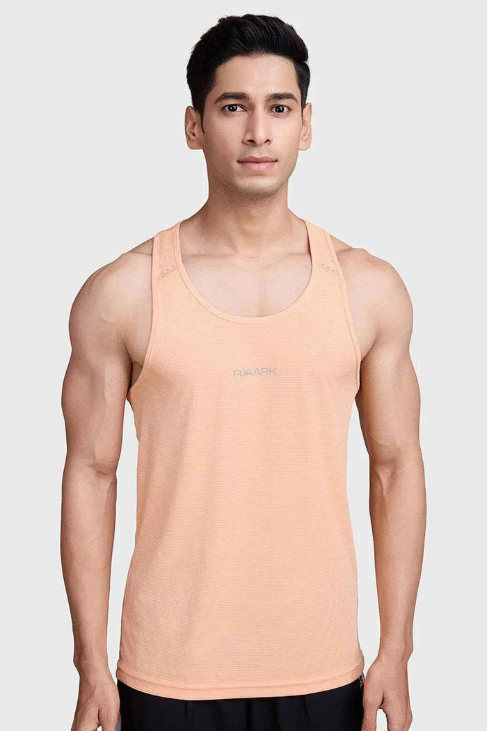 Peach Fuaark NZ running tank top with subtle checks, lightweight, breathable, sweat-wicking fabric, designed for active comfort.