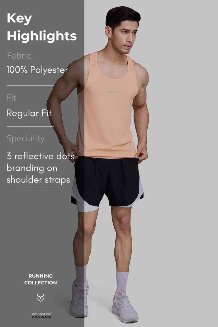Peach Fuaark NZ running tank top with subtle checks, lightweight, breathable, sweat-wicking fabric for comfortable active wear.