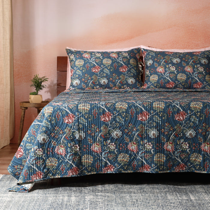 Whites of London NZ reversible percale quilt set featuring a classic chintz pattern, with soft, smooth fabric and intricate floral design.