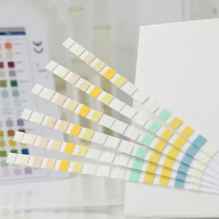 Habicare URS-14 personal health test strips for urinalysis, showing 100 urine reagent strips for health testing.