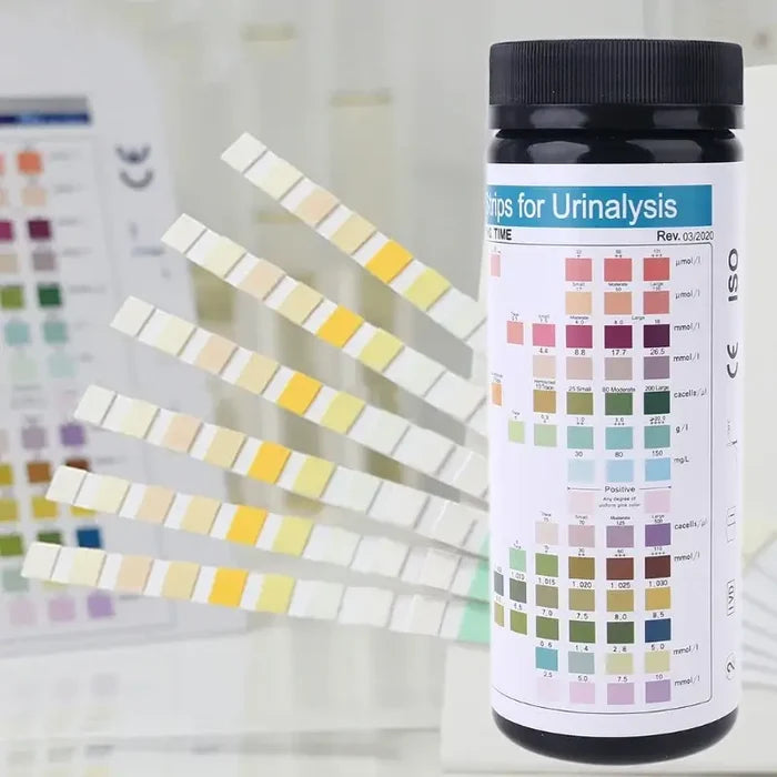 Habicare URS-14 personal health test strips for urinalysis, showing 100 urine reagent test strips for health monitoring.