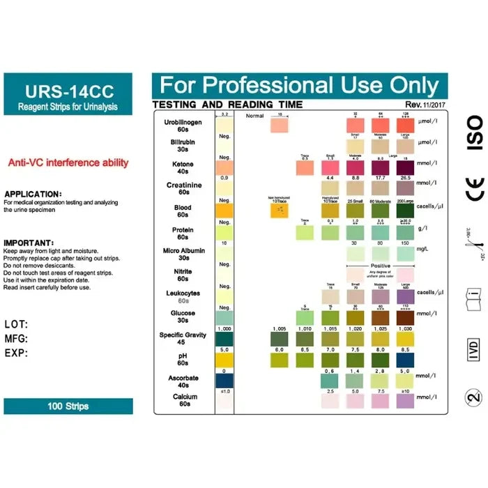 Habicare URS-14 personal health test strips for urinalysis, 100 strips of urine reagent test paper for health monitoring.