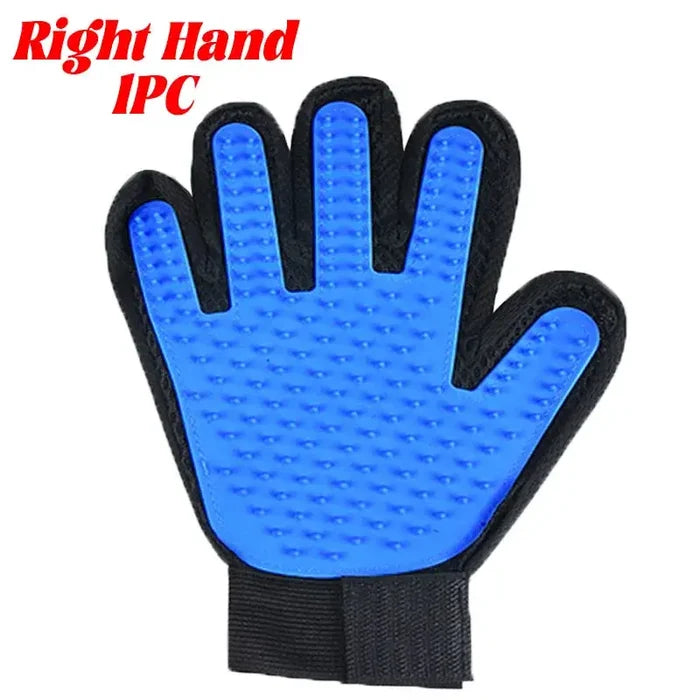 Habicare pet grooming gloves with two-sided hair removal design, showing one glove with textured surface for brushing pets.