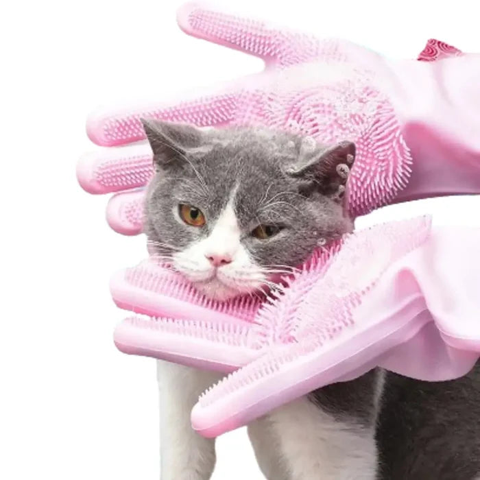 Pink and blue silicone pet grooming gloves by Habicare, showing textured surfaces for gentle pet hair removal.