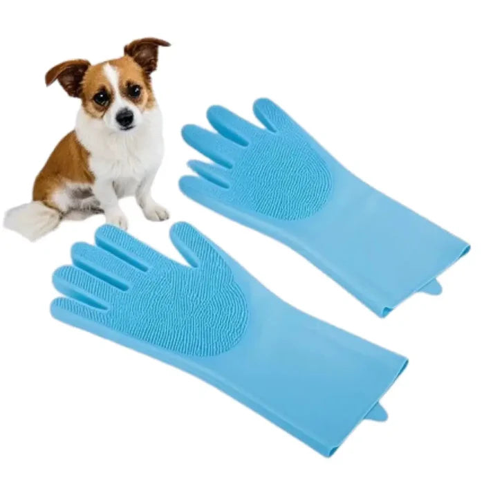 Pink and blue silicone pet grooming gloves from Habicare, showing textured surfaces for gentle pet hair removal.
