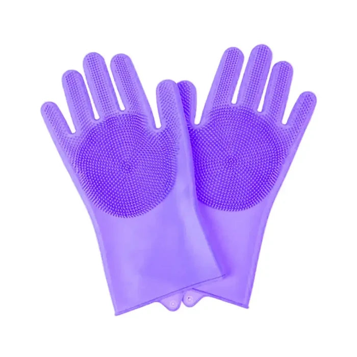 Pink and blue silicone pet grooming gloves from Habicare, designed for gentle pet brushing and shedding removal.