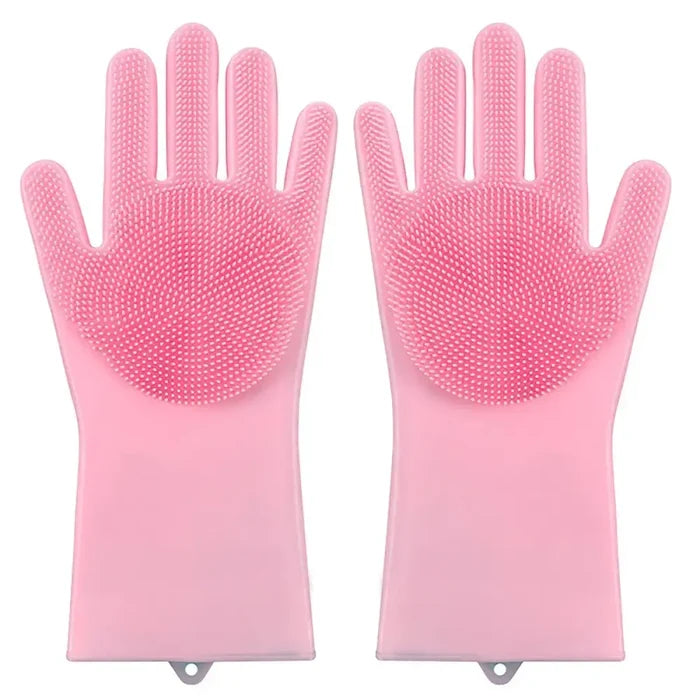 Pink and blue silicone pet grooming gloves by Habicare, showing textured surfaces and flexible design for gentle pet brushing.