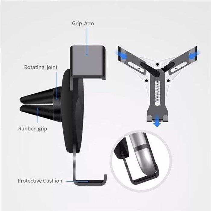 9eight5 phone holder in black with adjustable grip, compatible with smartphones and tablets, shown in a modern workspace setting.