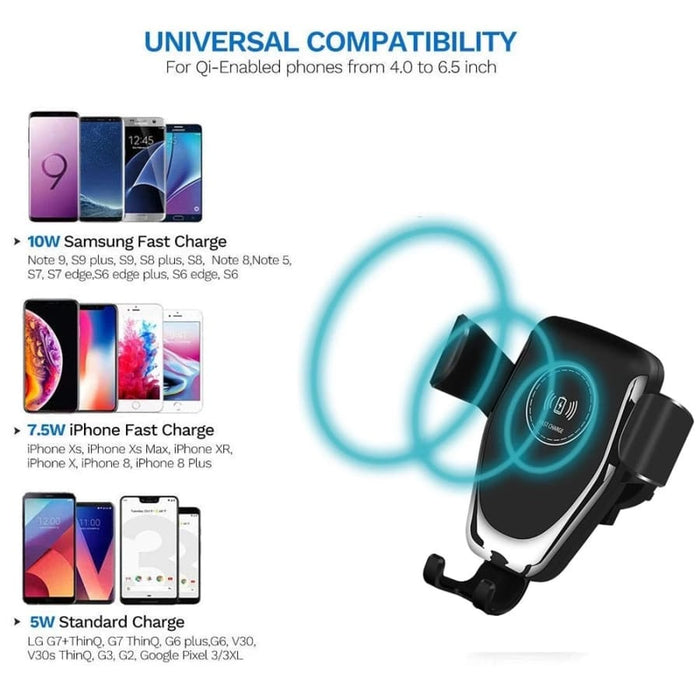 9eight5 phone holder and wireless charger for phones and tablets, with adjustable grip and charging pad, in a sleek black design.
