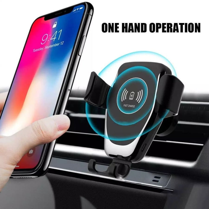 9eight5 phone holder and wireless charger for phones and tablets, with a sleek design and adjustable grip.