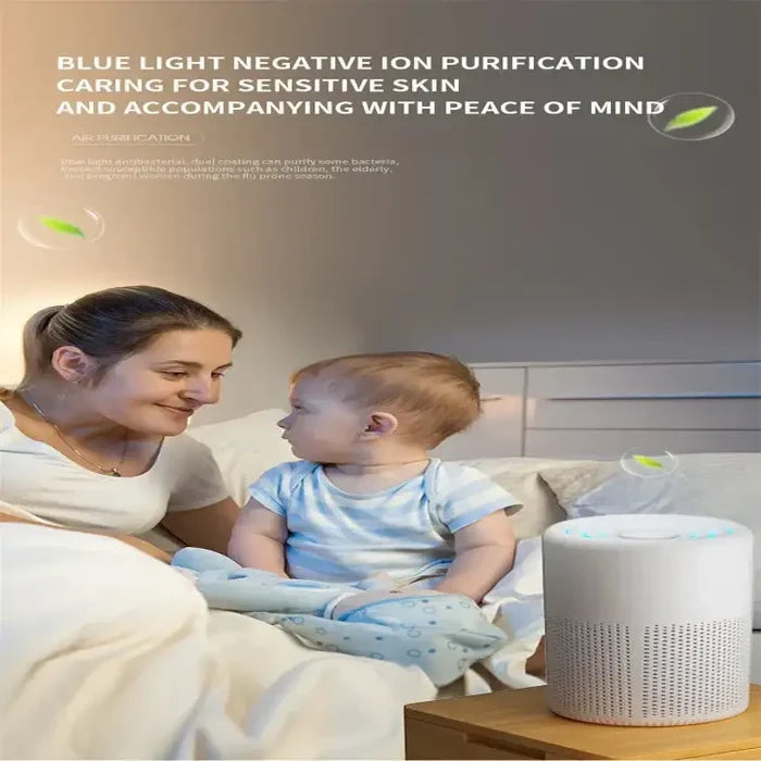 Habicare HBC portable air purifier in blue with anion deodorizer and essential oil diffuser on top, compact and modern design.