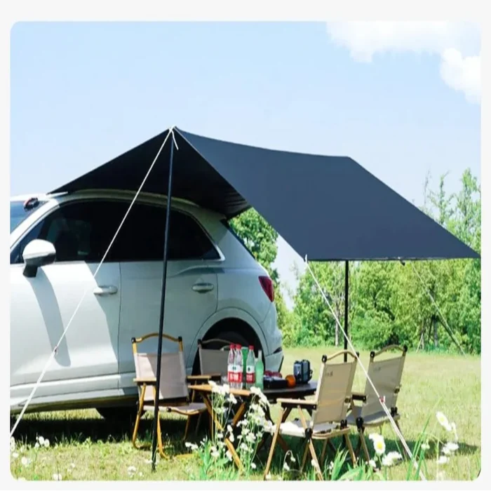 Portable Car Awning SS by Habicare, shown extended with fabric canopy and support poles, designed for outdoor vehicle shade and shelter