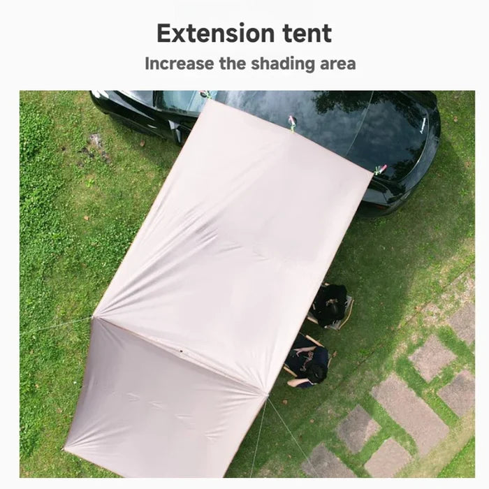 Portable Habicare SS Car Awning set up on a vehicle, providing shade and protection for outdoor car use.