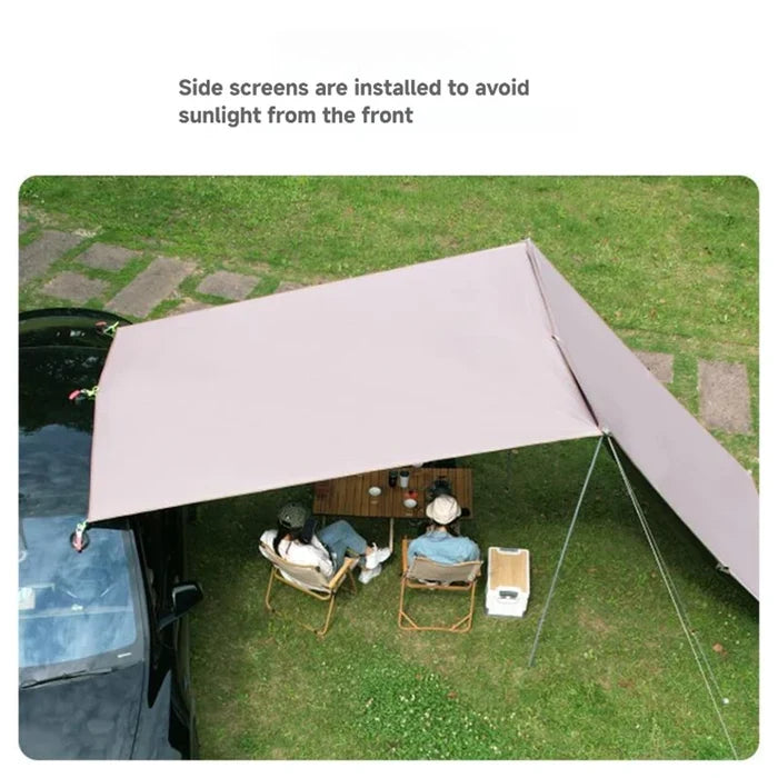 Portable Habicare SS Car Awning set up outdoors, providing shade and shelter for vehicles with durable, lightweight design.