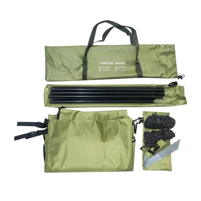Portable Habicare SS car awning set up on a vehicle, providing shade and protection during outdoor activities.