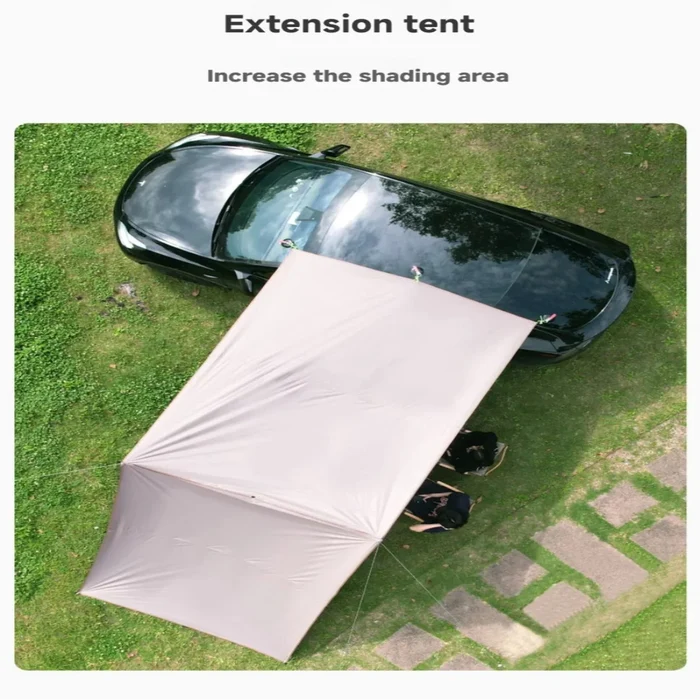 Habicare SS portable car awning set up on a vehicle, providing shade and shelter during outdoor activities.