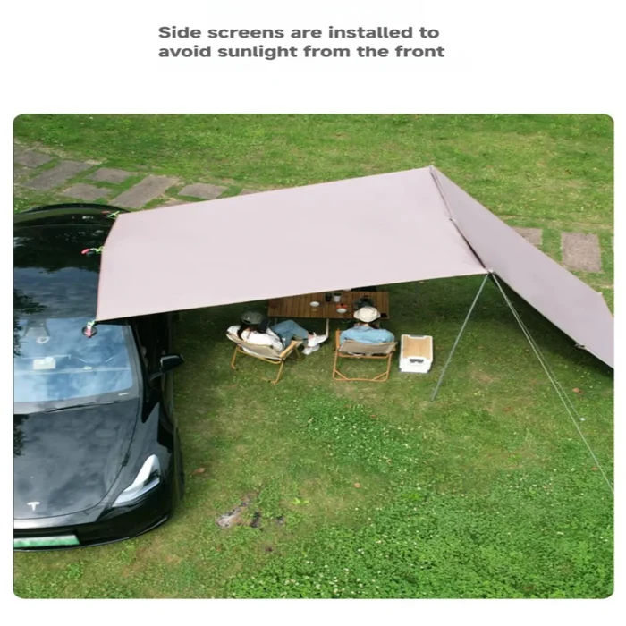 Portable Habicare SS Car Awning set up outdoors, showcasing durable fabric and support poles for vehicle protection.