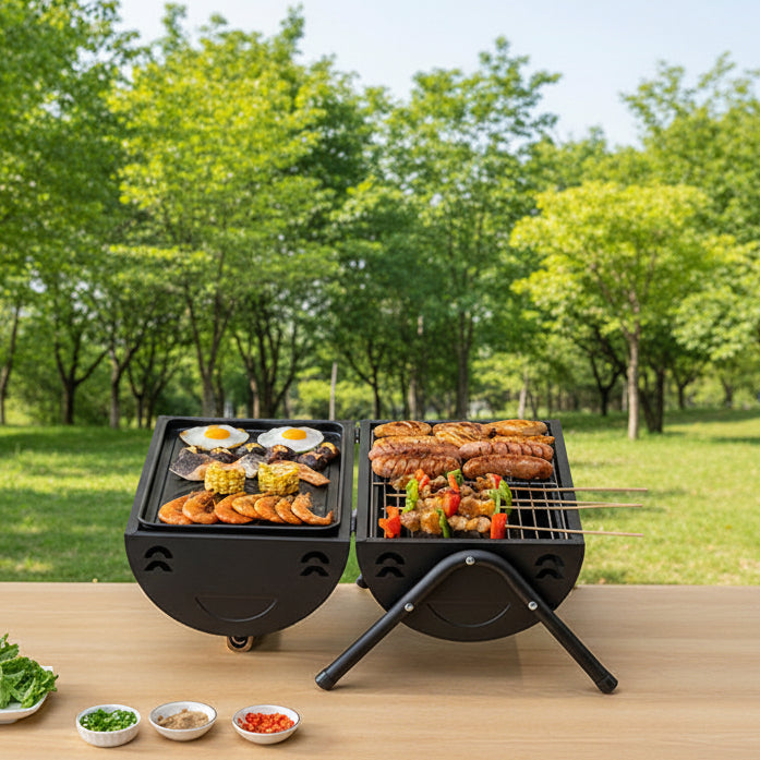 Portable charcoal grill with lockable lid and wooden handle, ideal for outdoor barbecues and camping by dealonline.co.nz