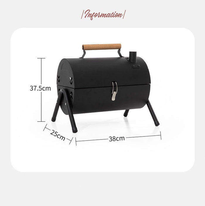 Portable charcoal barbecue grill with lockable lid and wooden handle, ideal for outdoor smoking and grilling by dealonline.co.nz.