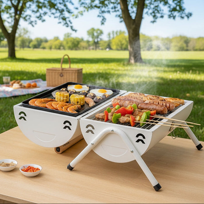 Portable charcoal barbecue grill with lockable lid and wooden handle, ideal for outdoor grilling and smoky barbecues.