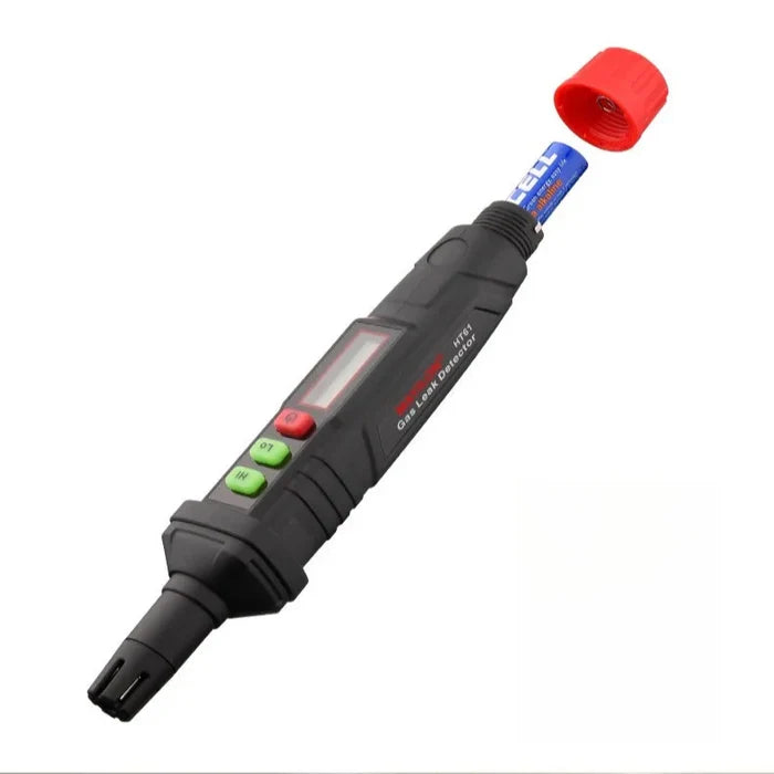 Habicare HBC portable combustible gas leak detector with alarm, showing device with digital display and sensor in close-up image.