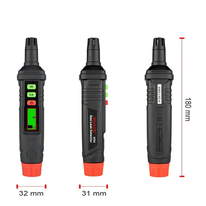 Habicare HBC portable combustible gas leak detector with alarm, showing device with digital display and sensor in use.