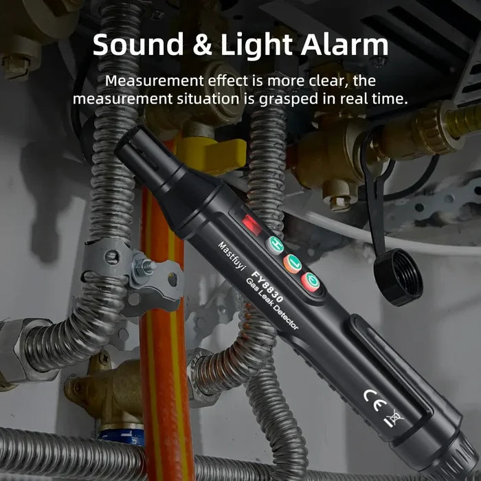 Habicare HBC portable gas leak detector with audible alarm, visual indicators, compact design for safety monitoring.